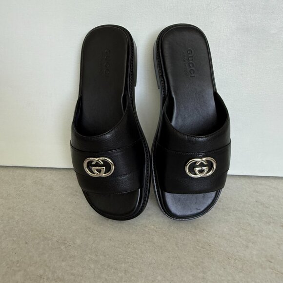 GUCCI 777849 MEN'S BLACK LEATHER INTERLOCKING G SANDALS, Gucci sz 7.5 (US 8) - Picture 7 of 13
